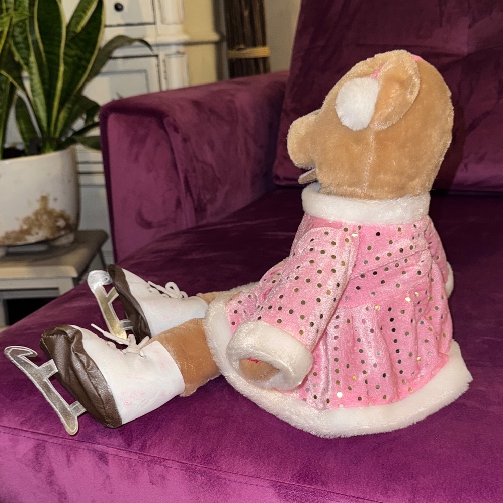 Kids Brown Teddy Bear Pink Dress Silver Polka Dots White Fur Trim in Ice Skates - Picture 5 of 10